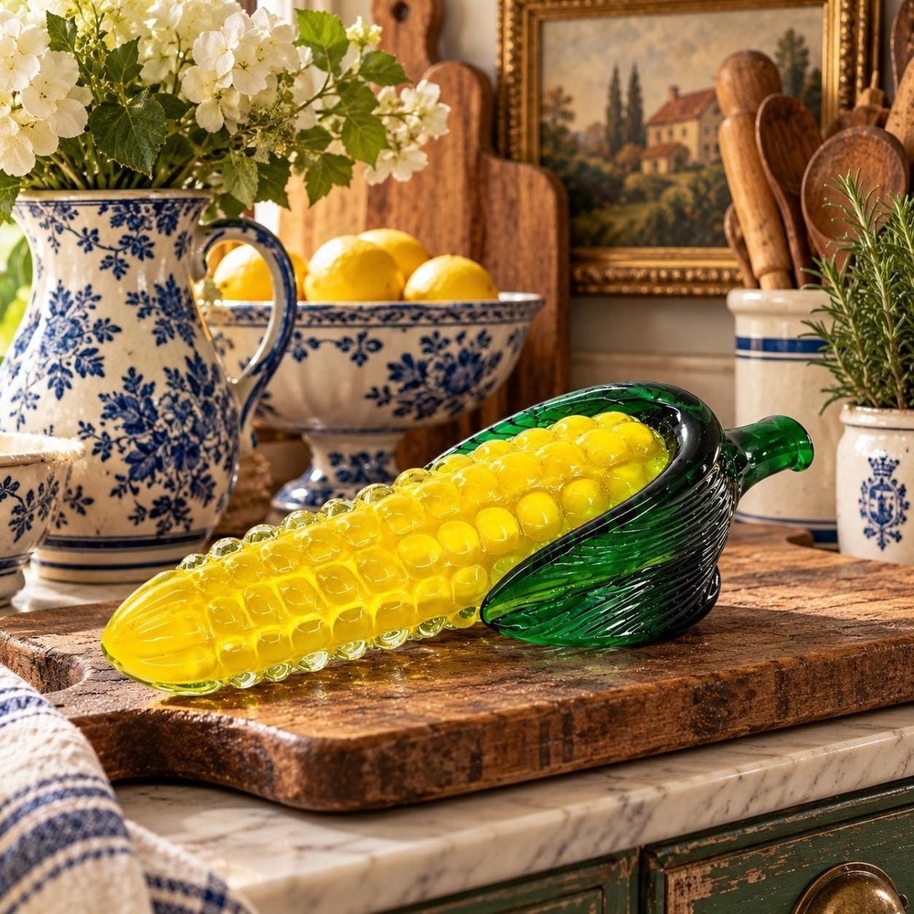 Vintage Murano Style Glass Corn Cob Sculpture Yellow Green Blown Glass Italian